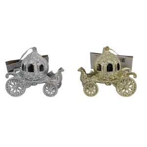 2 Christmas Ornaments Silver Gold Glitter Carriage Cinderella Fairy Tale New